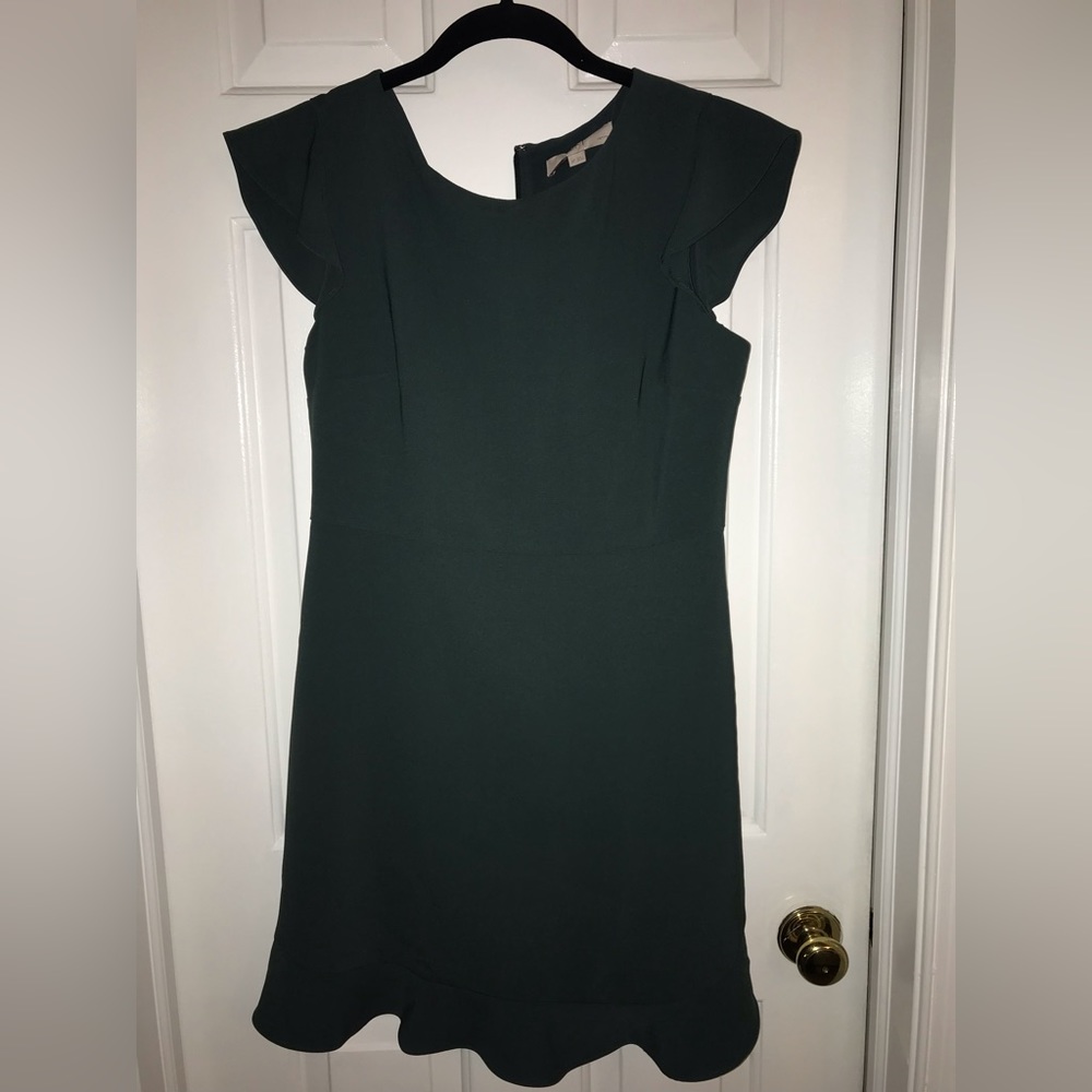 Loft dark emerald green dress. Ruffle hem and sleeves